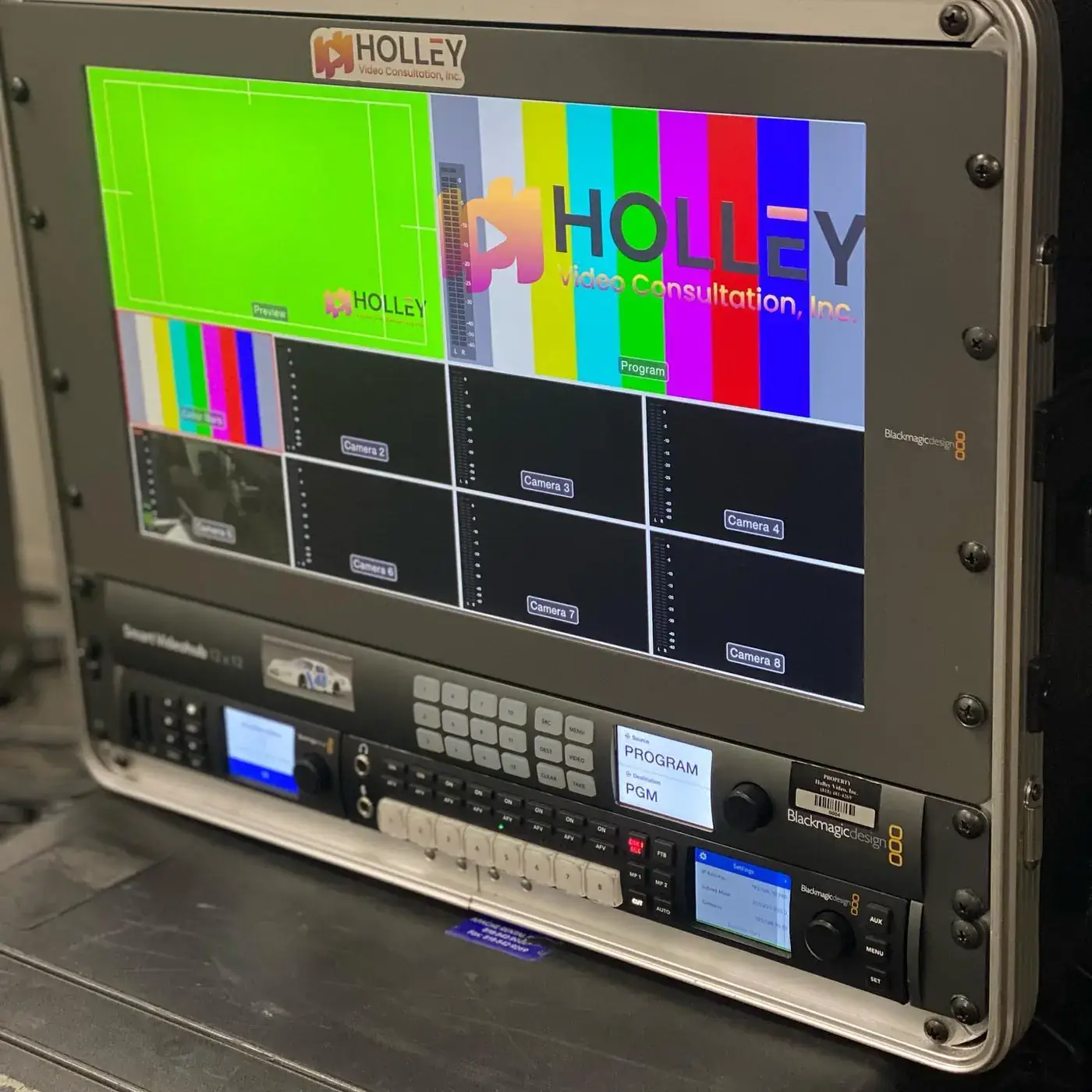 Holley Video multiview monitor showing color bars and camera feeds