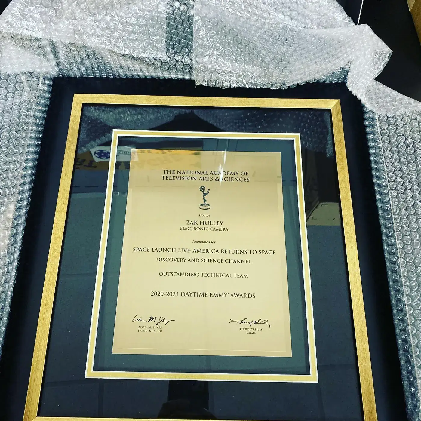 Zak Holley's Daytime Emmy Award certificate from the National Academy of Television Arts and Sciences