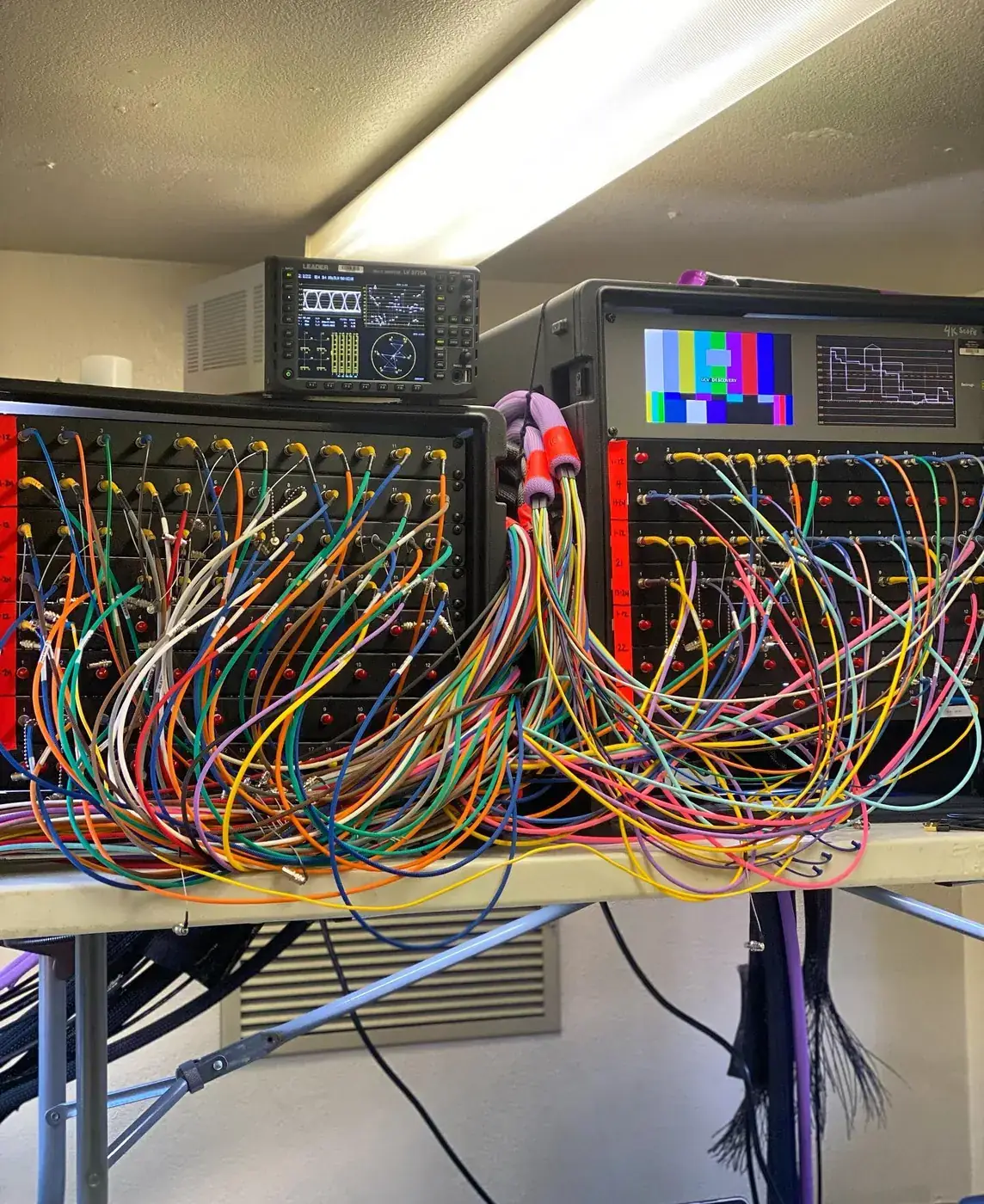 Signal distribution rack with color-coded SDI cabling