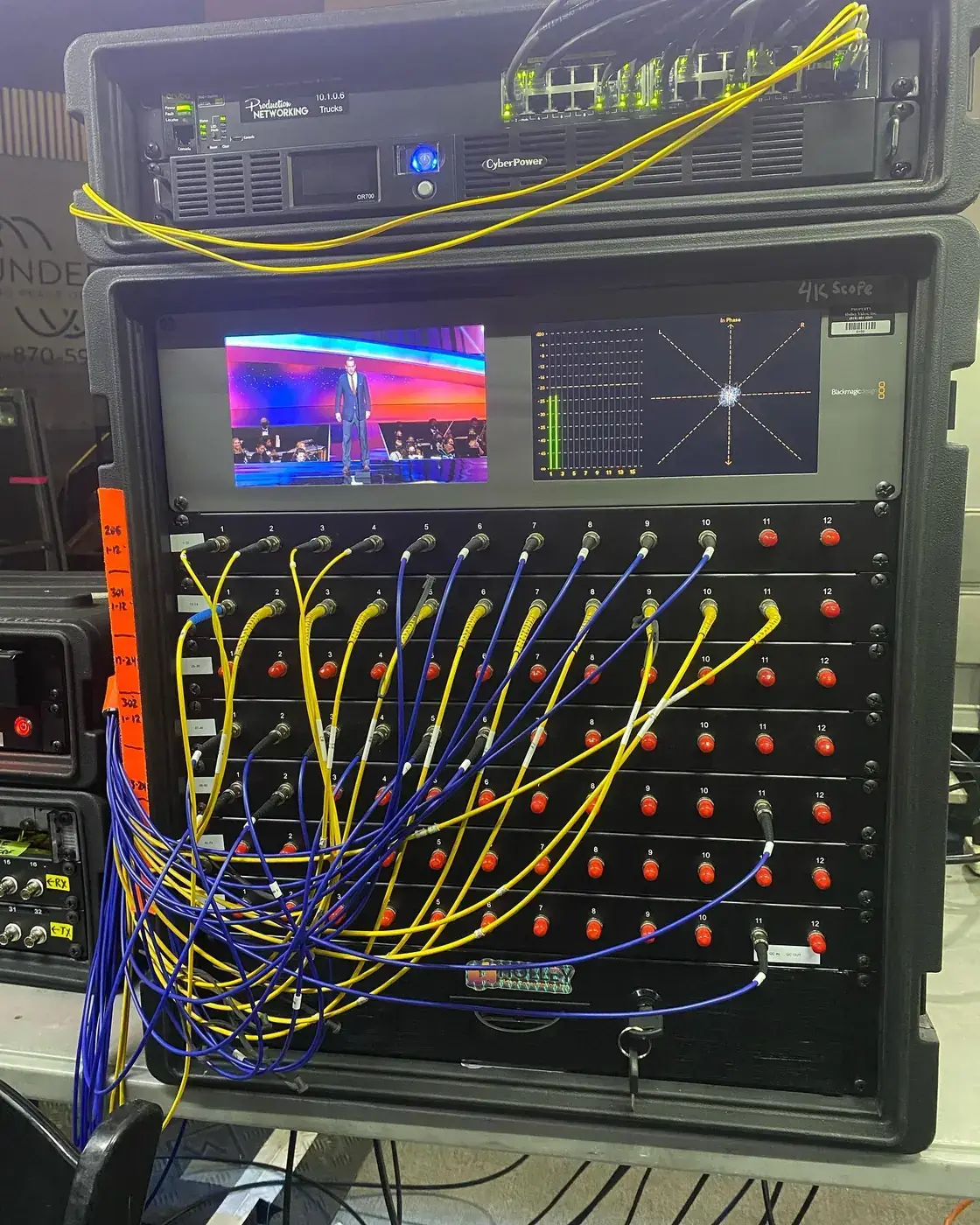Fiber distribution rack with yellow single-mode patching