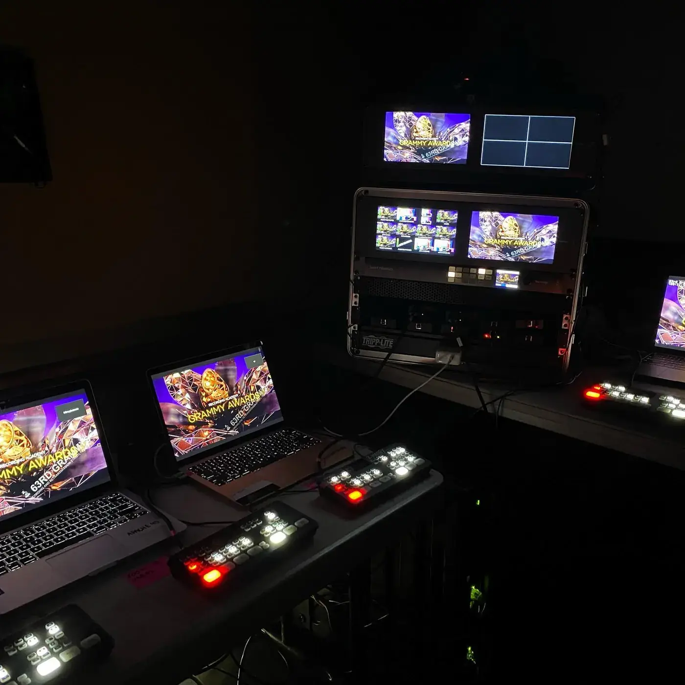 Remote viewing kits lit on a dark stage