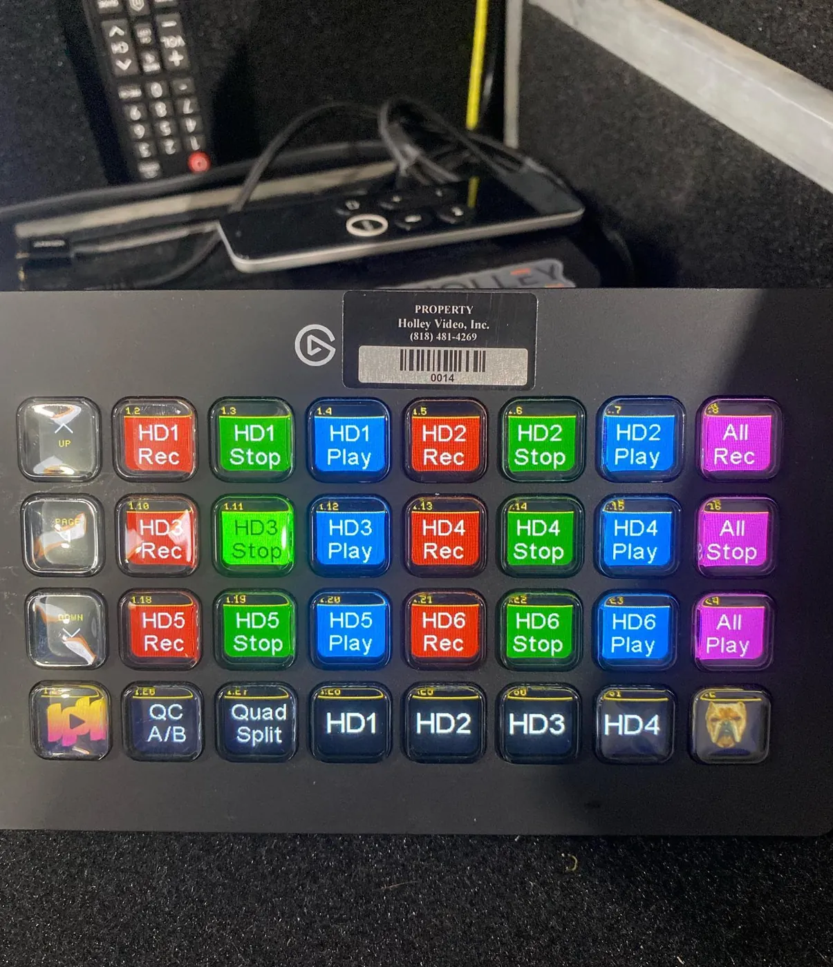A labeled Stream Deck with HyperDeck record and play buttons